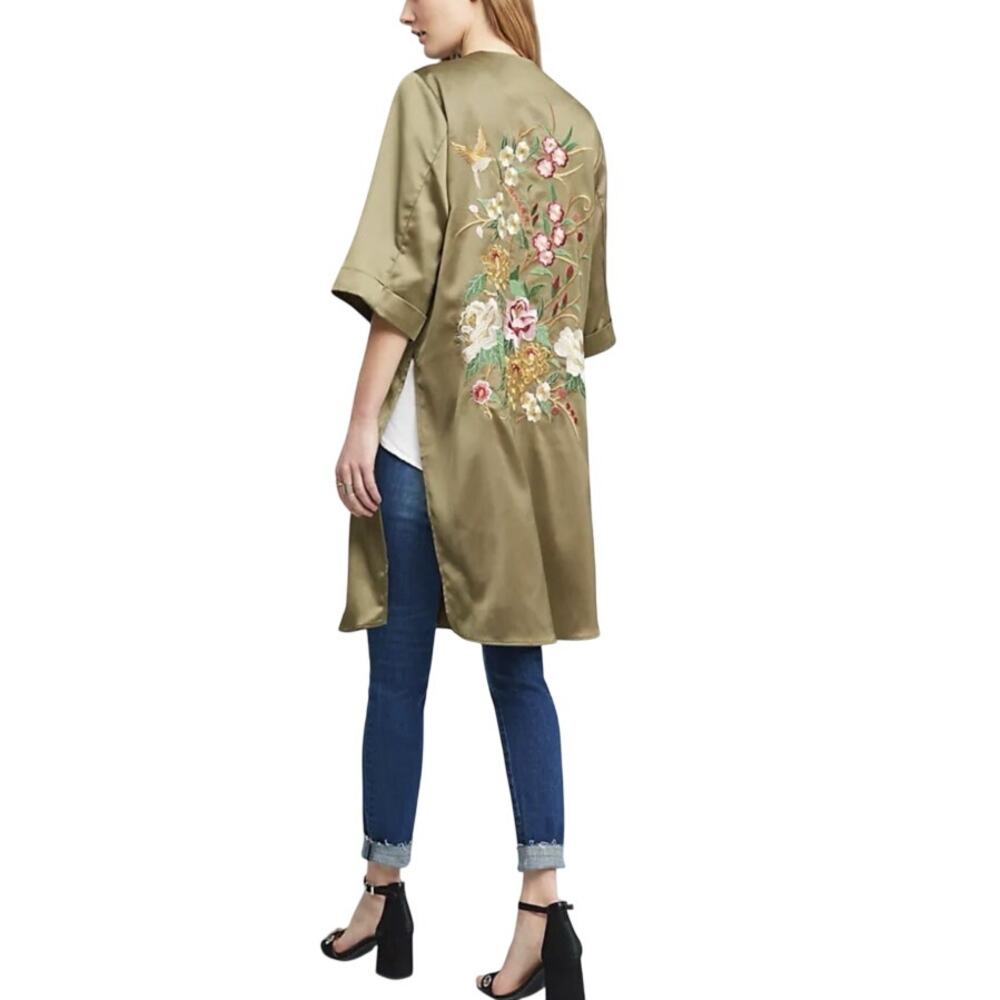 Anthropologie Floreat Embroidered Floral Army Green Satin Kimono Duster Size O/S